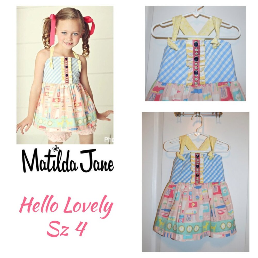 MATILDA JANE Hello Lovely In the Kitchen Blue Check Apron Knot Top Sz 4 Kitty